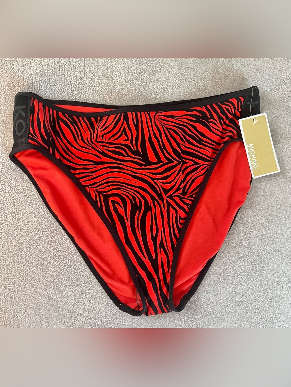 MICHAEL Michael Kors MM4K602 Red Zebra Print High Leg Bikini Bottom Size L NWT